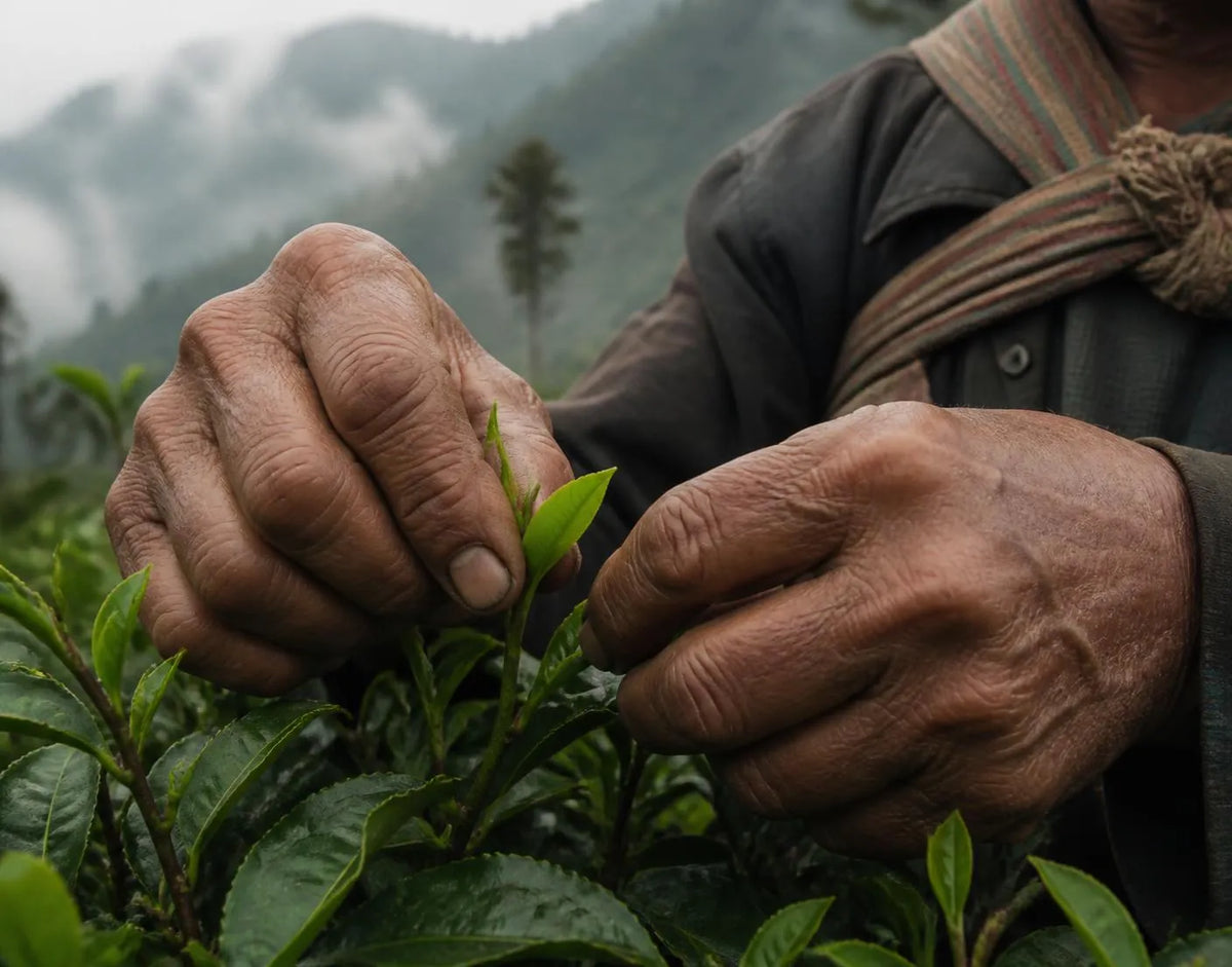 Hands picking fresh tea leaves